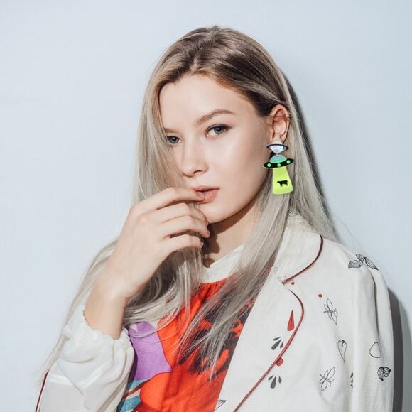 Neon Alien Space Ship Abducting‎ Cow Acrylic Earrings - Picture 3 of 9